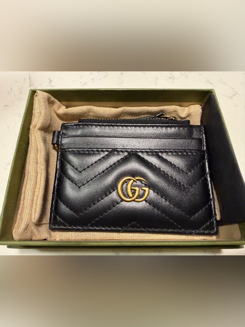 Gucci Black Quilted GG Marmont Card Holder with Gold Logo